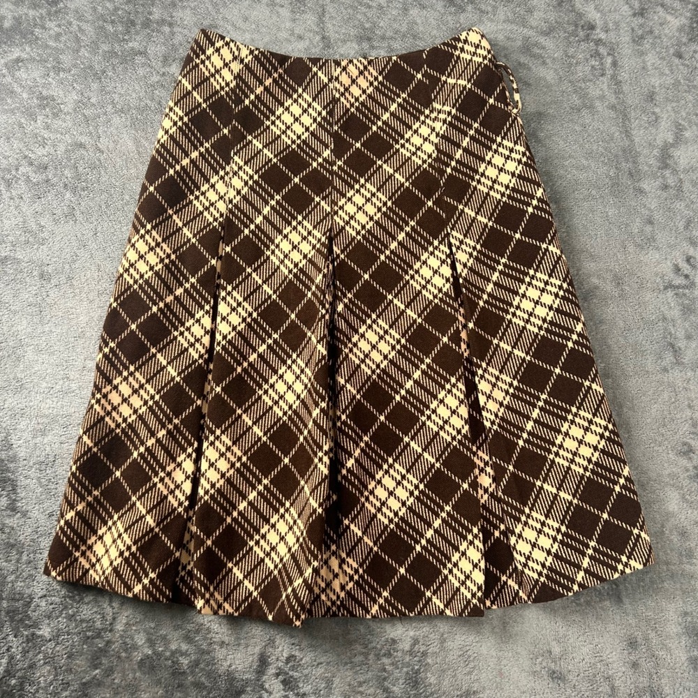 Brown Plaid Pleated A-Line Skirt Women Size M Dark Academia